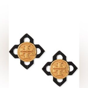 Tory Burch Black and Gold Cross Stud Earrings